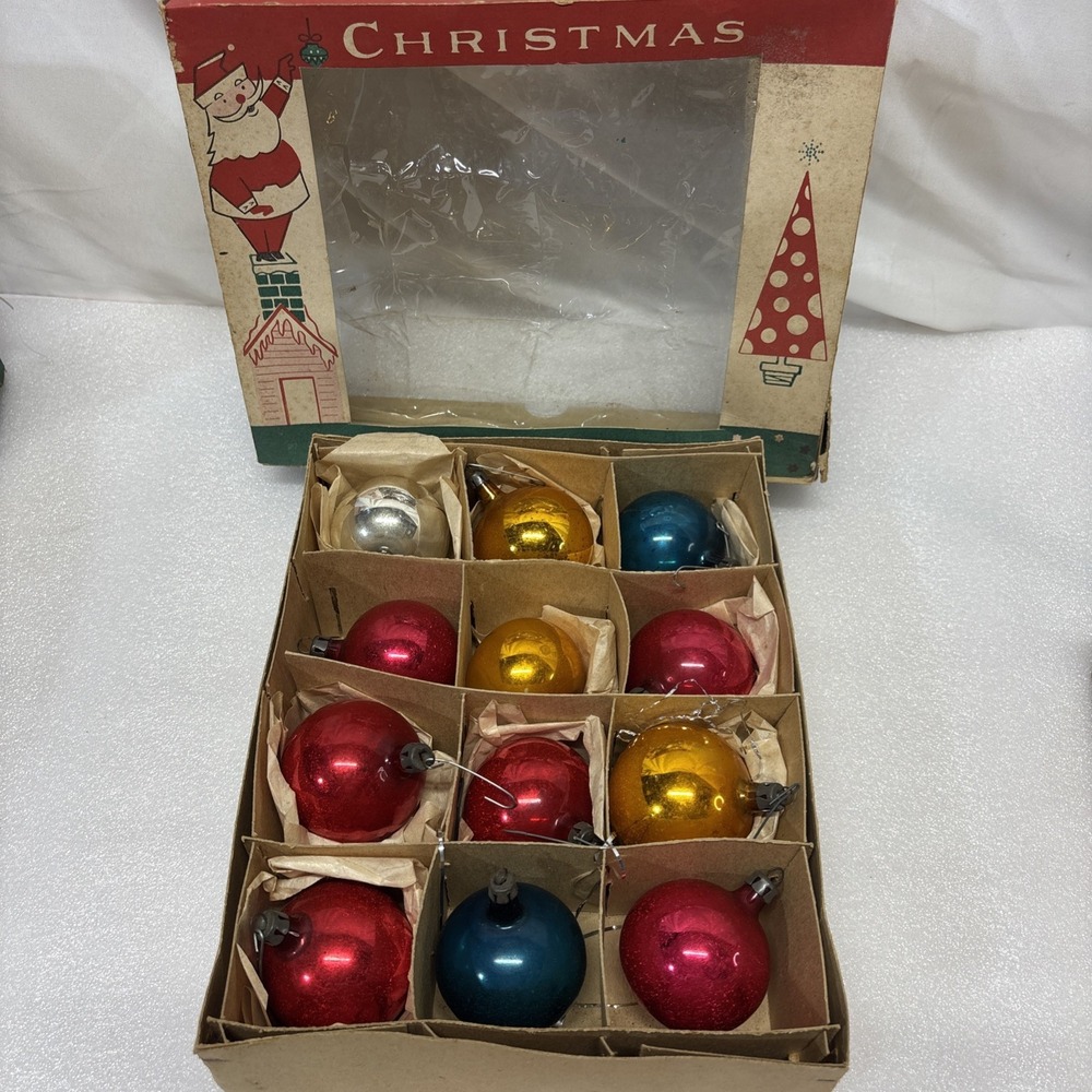 12 Vtg Poland Mercury Glass Christmas Ornaments Colorful Mix Fantasia Box